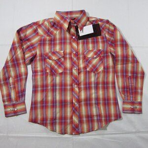 Cowgirl Legend Girl's Long Sleeve Plaid Snap Shirt - Orange/Purple